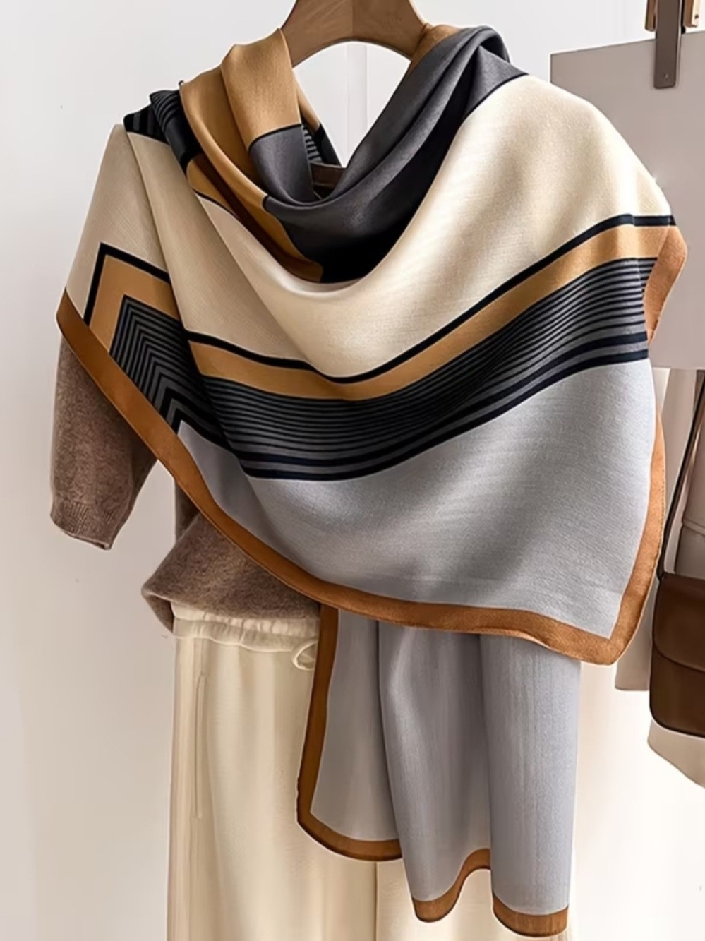 Classic Geometric Modal Scarf in Cream, Gray & Tan